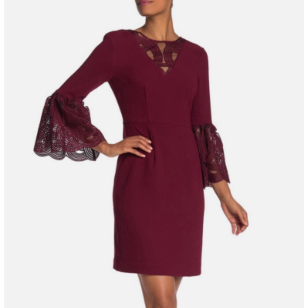 Trina Turk Luciana Embroidered Sheath Dress Pino Noir Sz 2 Cocktail Bell Sleeve